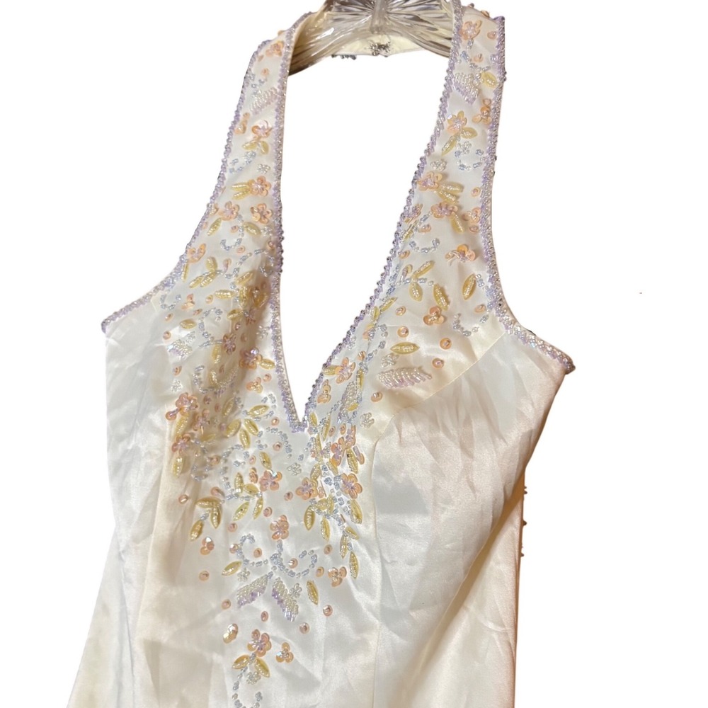 Morgan Co Vintage Halter Gown Womens Size 1/2 Ivory Beaded Sequin Prom Formal